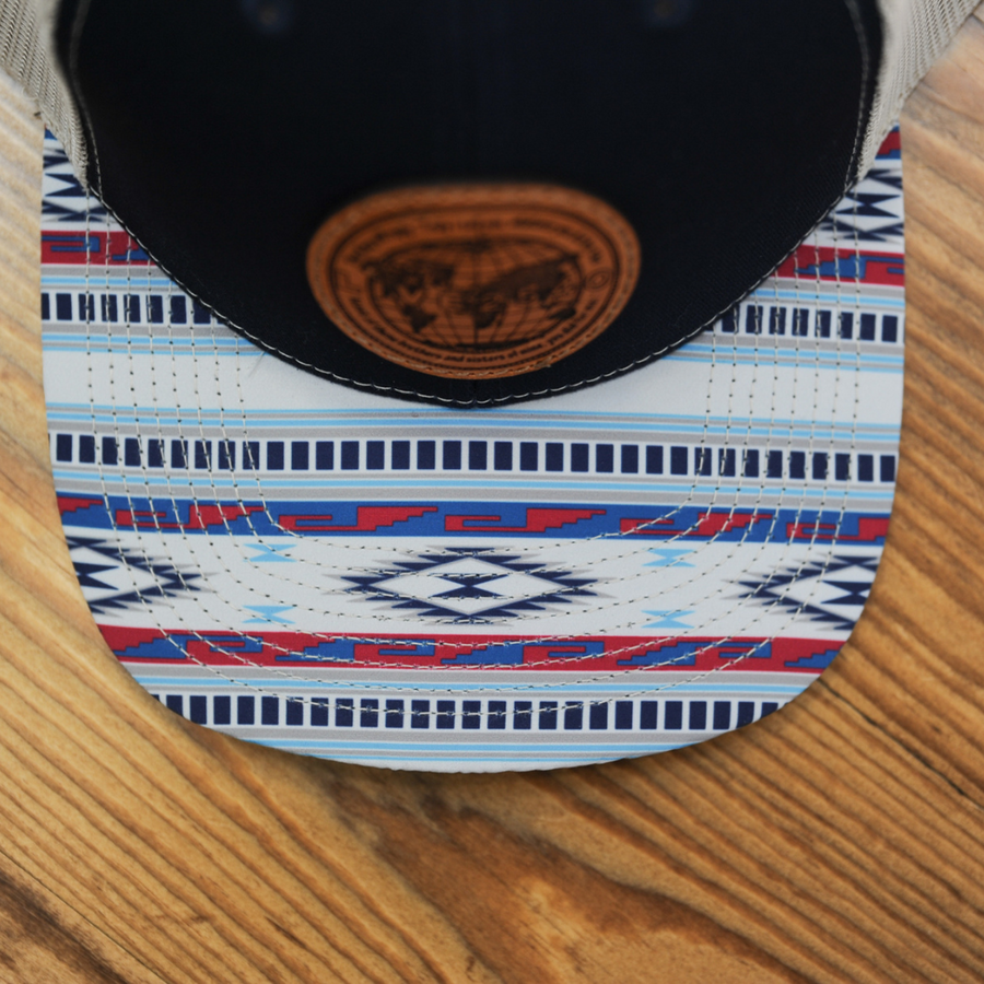 Hat- Blue Aztec Trucker with Leather Globe Patch