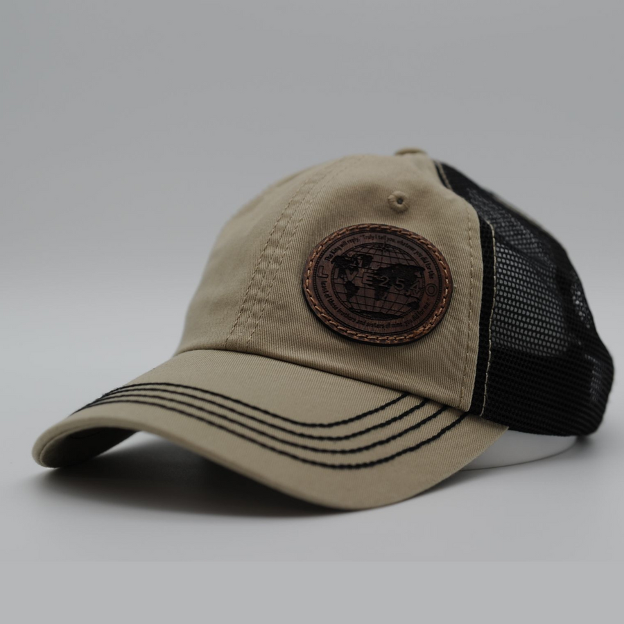 Hat - Relaxed Trucker Tan with Leather Globe Patch