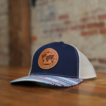 Hat- Blue Aztec Trucker with Leather Globe Patch