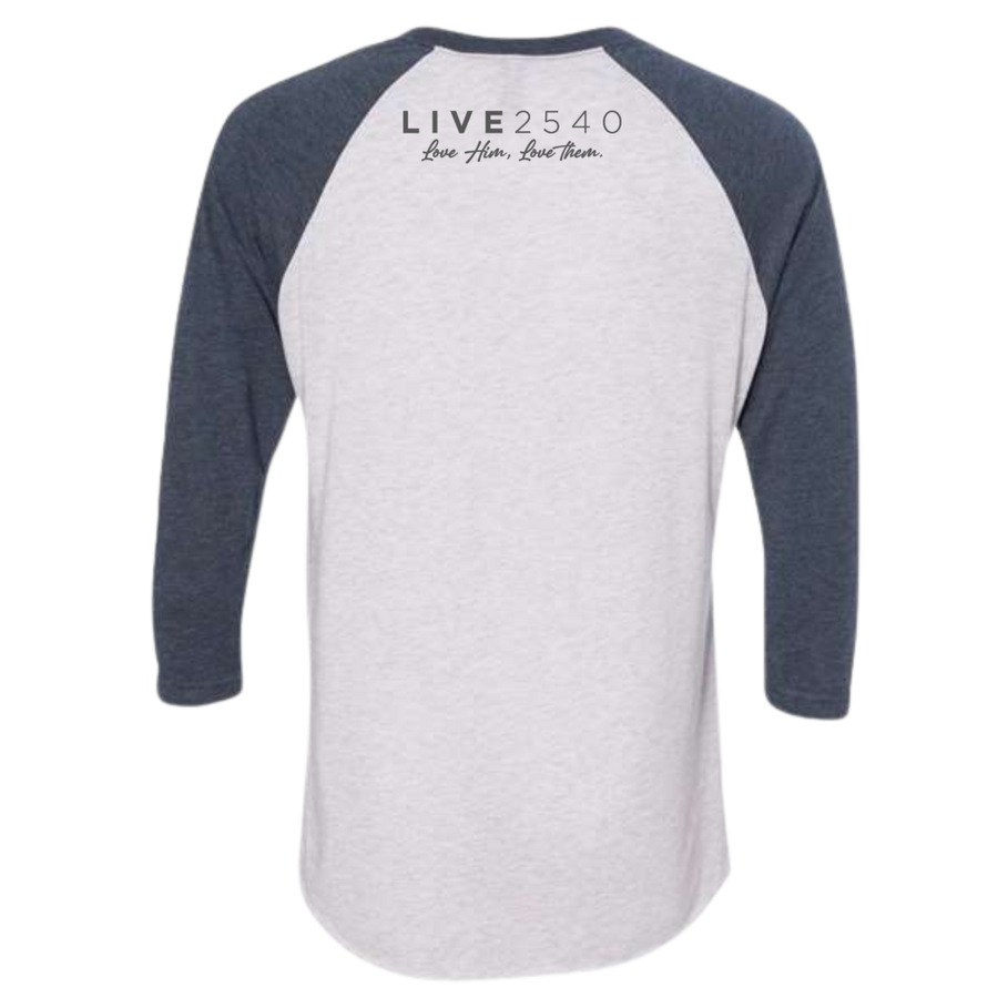 2025 Adult Raglan 3/4 Sleeve Heather White with Indigo