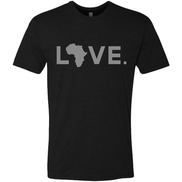 Next-Level material black t-shirt with block letters that say LOVE., only an outline of the continent of Africa is replacing the O in the word love.