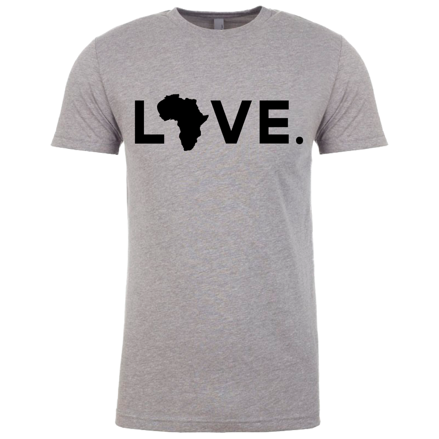 This shirt is heather grey with Next Level material. LOVE is written in black letters on the front and an outline of the country of Africa is replacing the O. 
