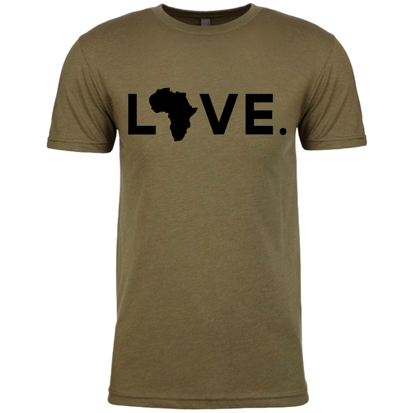 military green t-shirt with black letters that say "Love" with an outline of the country of Africa replacing the O.