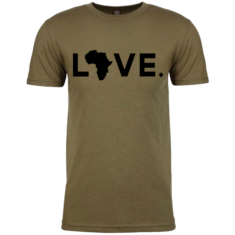 military green t-shirt with black letters that say 